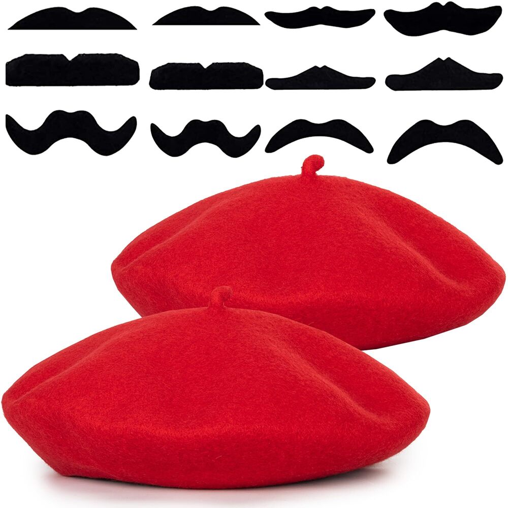 7487 2pcs French Berets For Women Men Halloween Mime Artist Costume With Fake